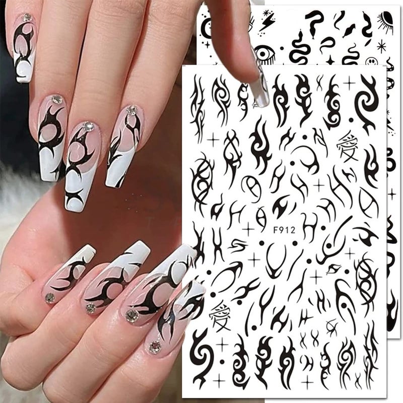 LRKNNO 10 Sheets Gothic Nail Stickers 3D Self-Adhesive Snake Nail Art Stickers Black White Rose Flower Eye Fishbone Star Moon Design Nail Art Decorations Butterfly Nail Decals for Women Acrylic Nail Supplies - Image 3